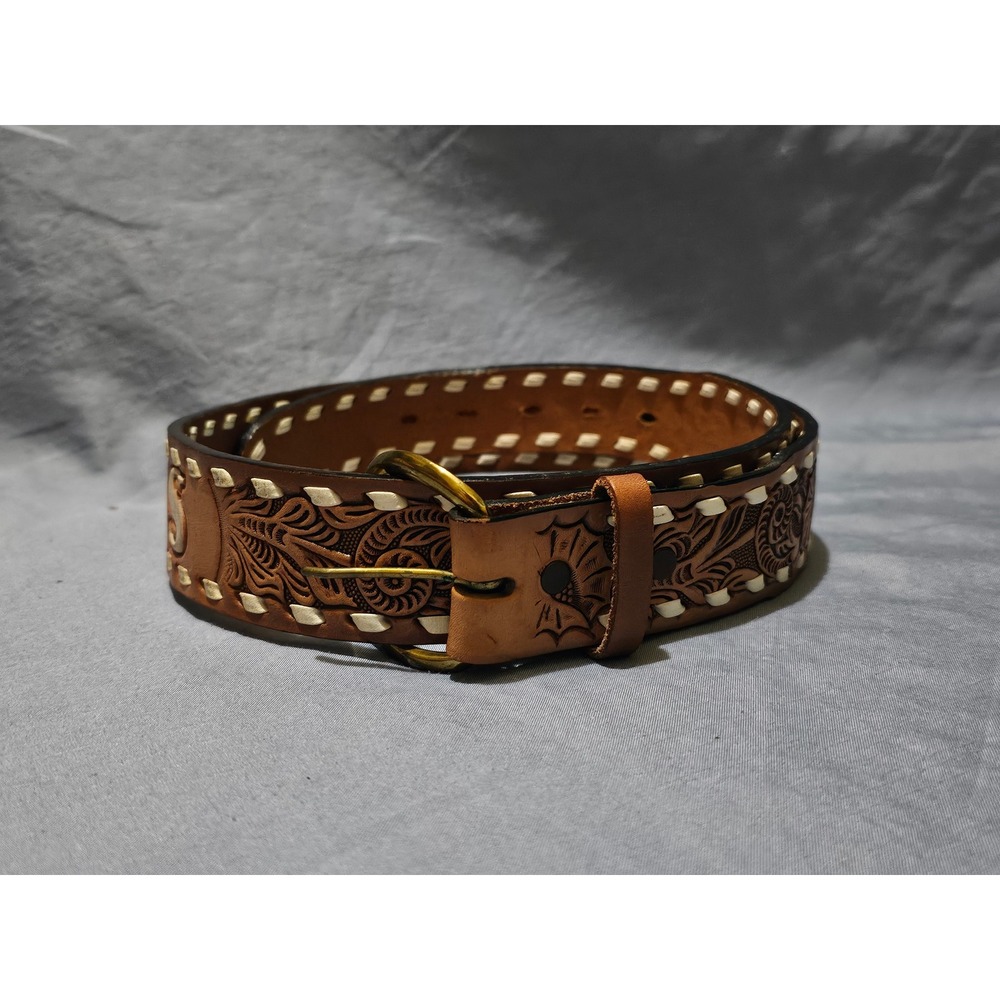Vintage Flying E Ranch Tooled Leather Belt Floral Western Cowboy‎ Press 36